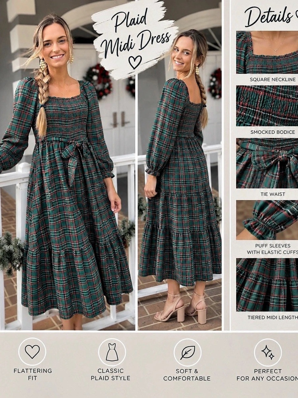 Plaid Tie Waist Green Dress
